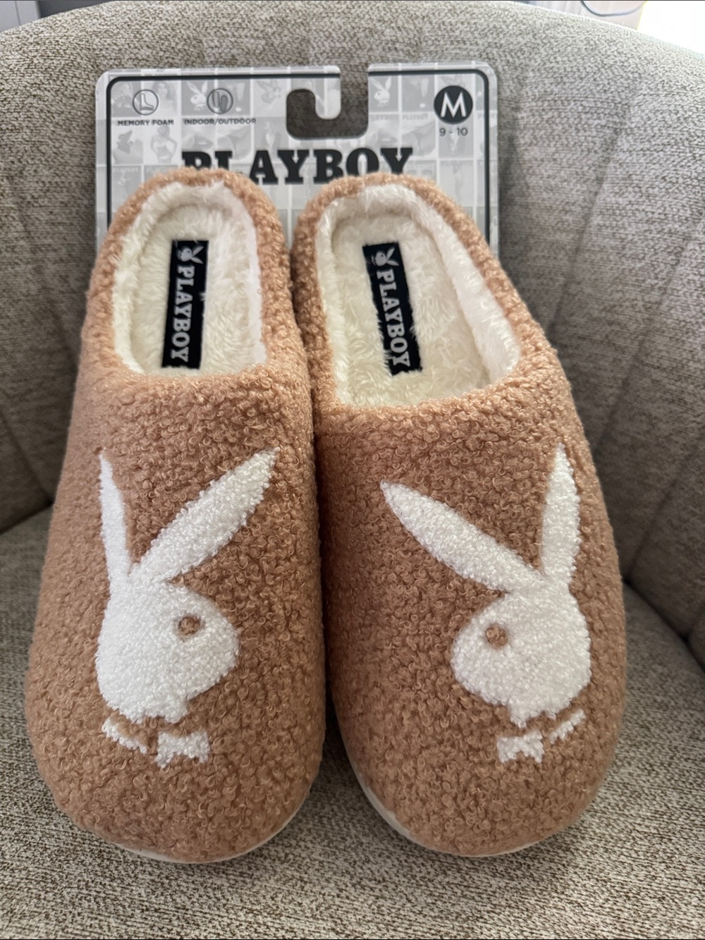 New Playboy Tan Memory Foam Sherpa Bunny Slip-On Slippers